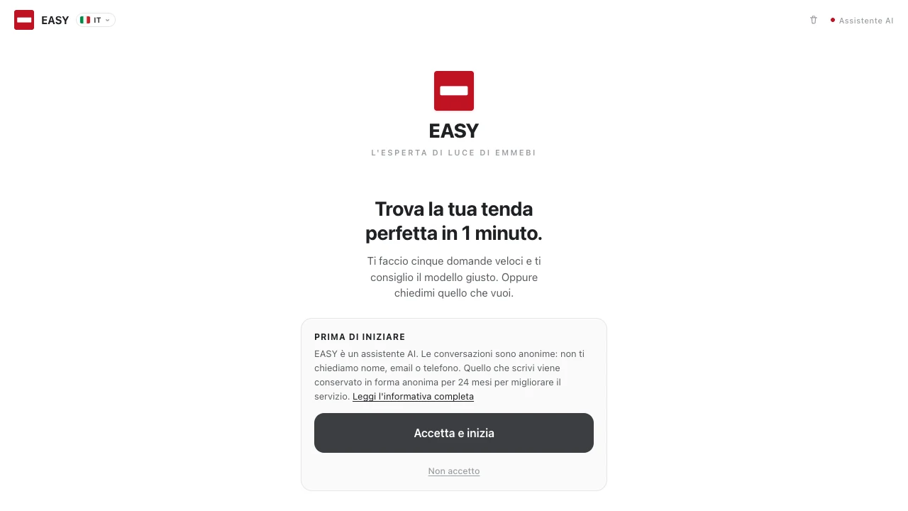 La schermata di benvenuto di EASY: disclosure AI sempre visibile e consenso esplicito prima di iniziare