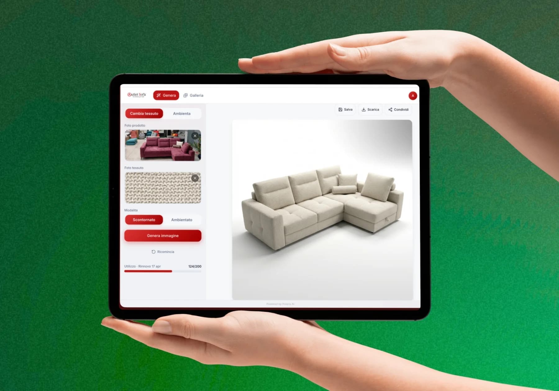 Kubiq — Configuratore AI Autlet Sofa su iPad