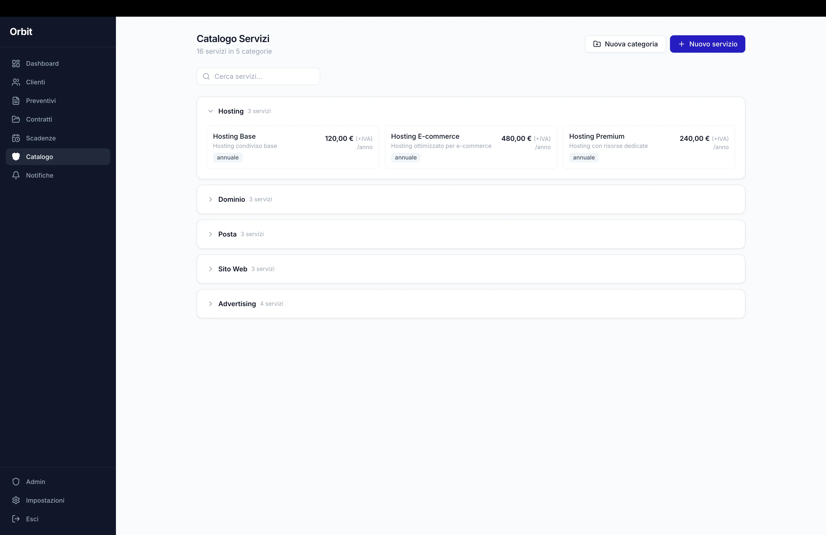 Orbit — Catalogo servizi con categorie