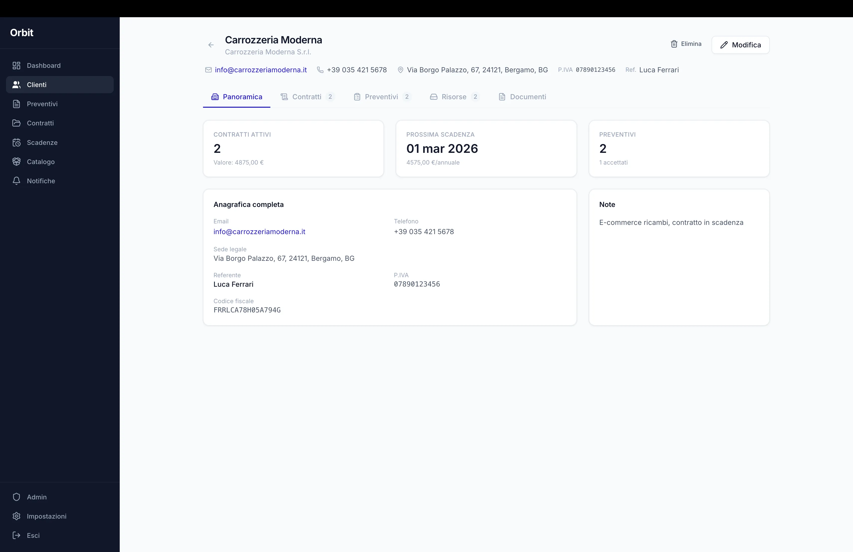 Orbit — Dettaglio cliente con contratti e preventivi