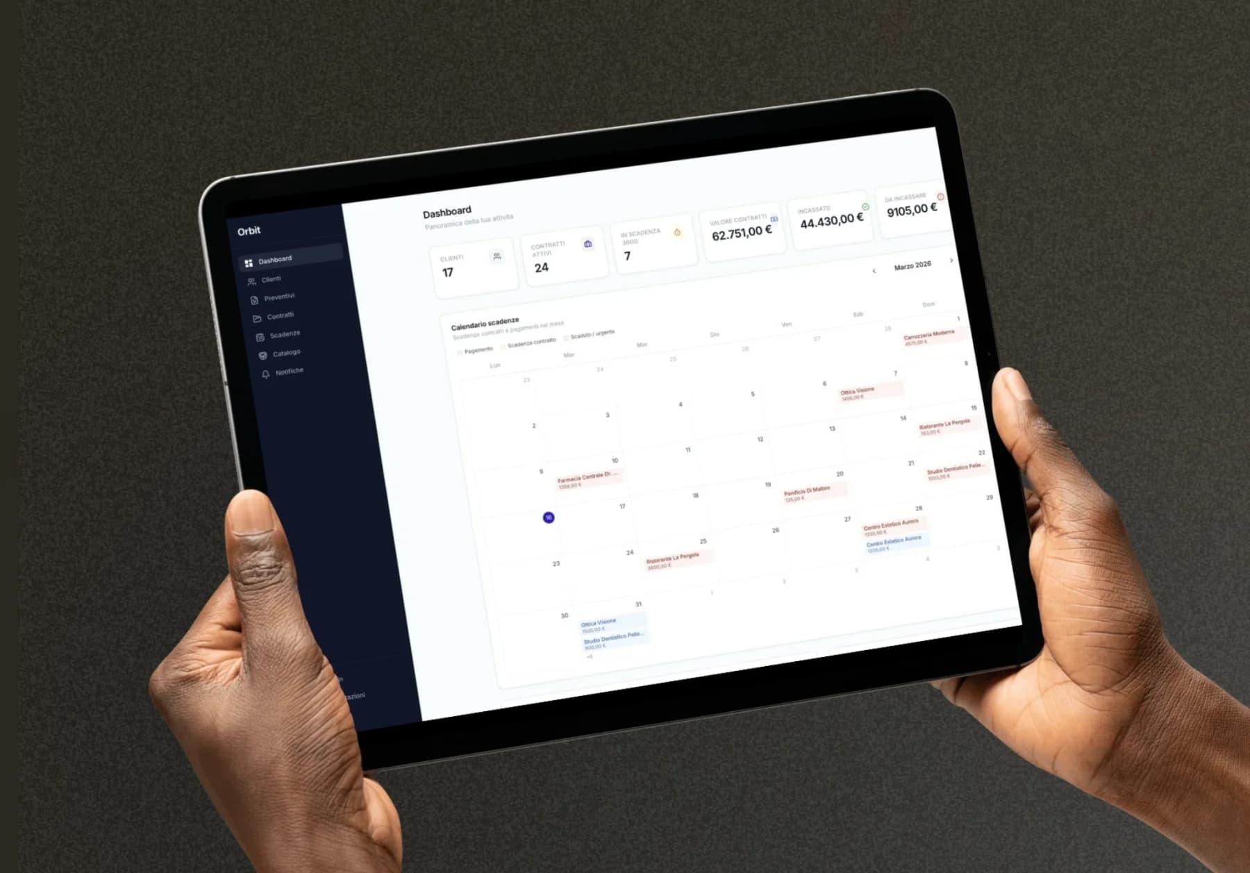 Orbit — Dashboard gestionale contratti su iPad