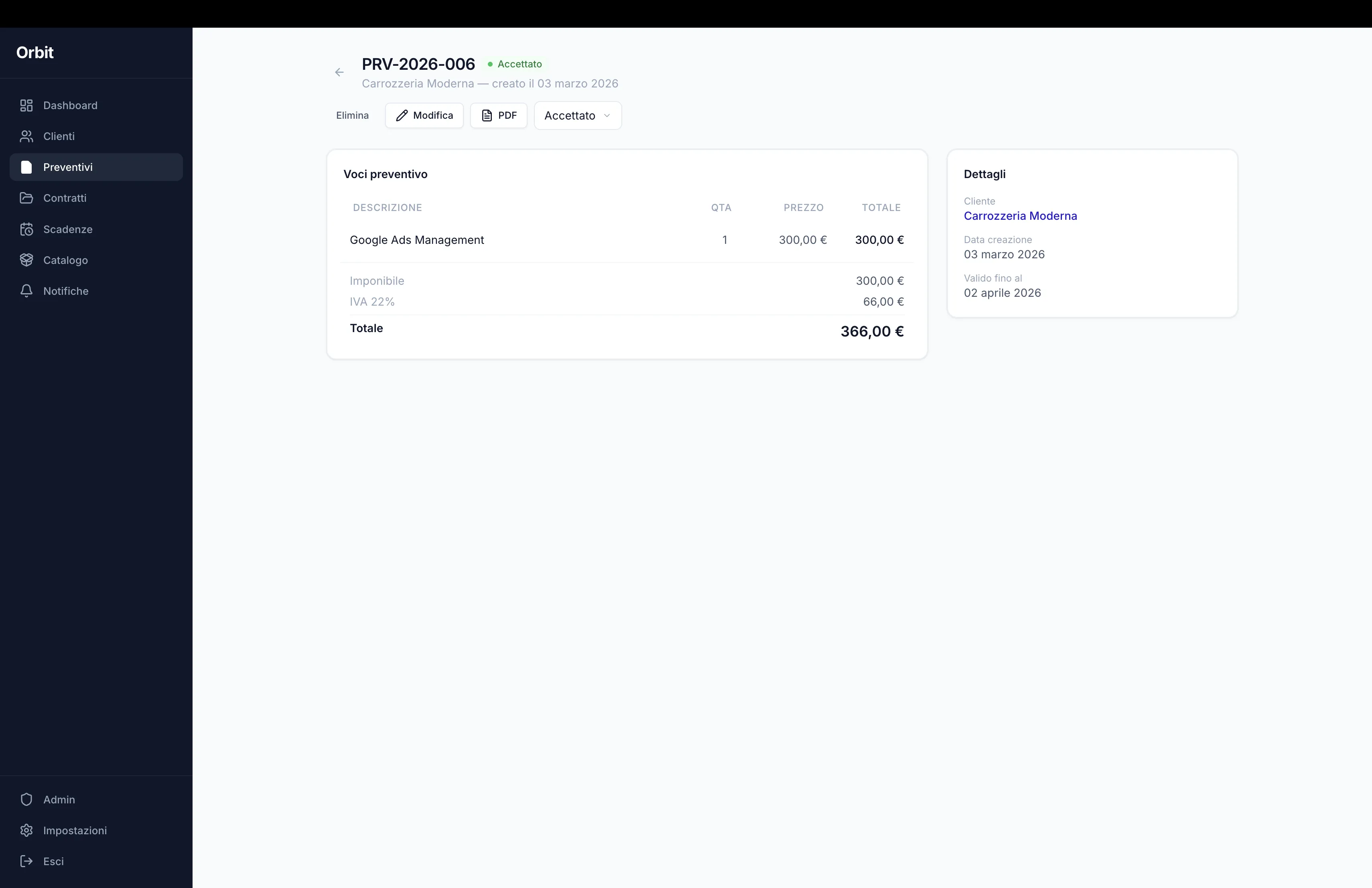 Orbit — Preventivo con voci e dettagli